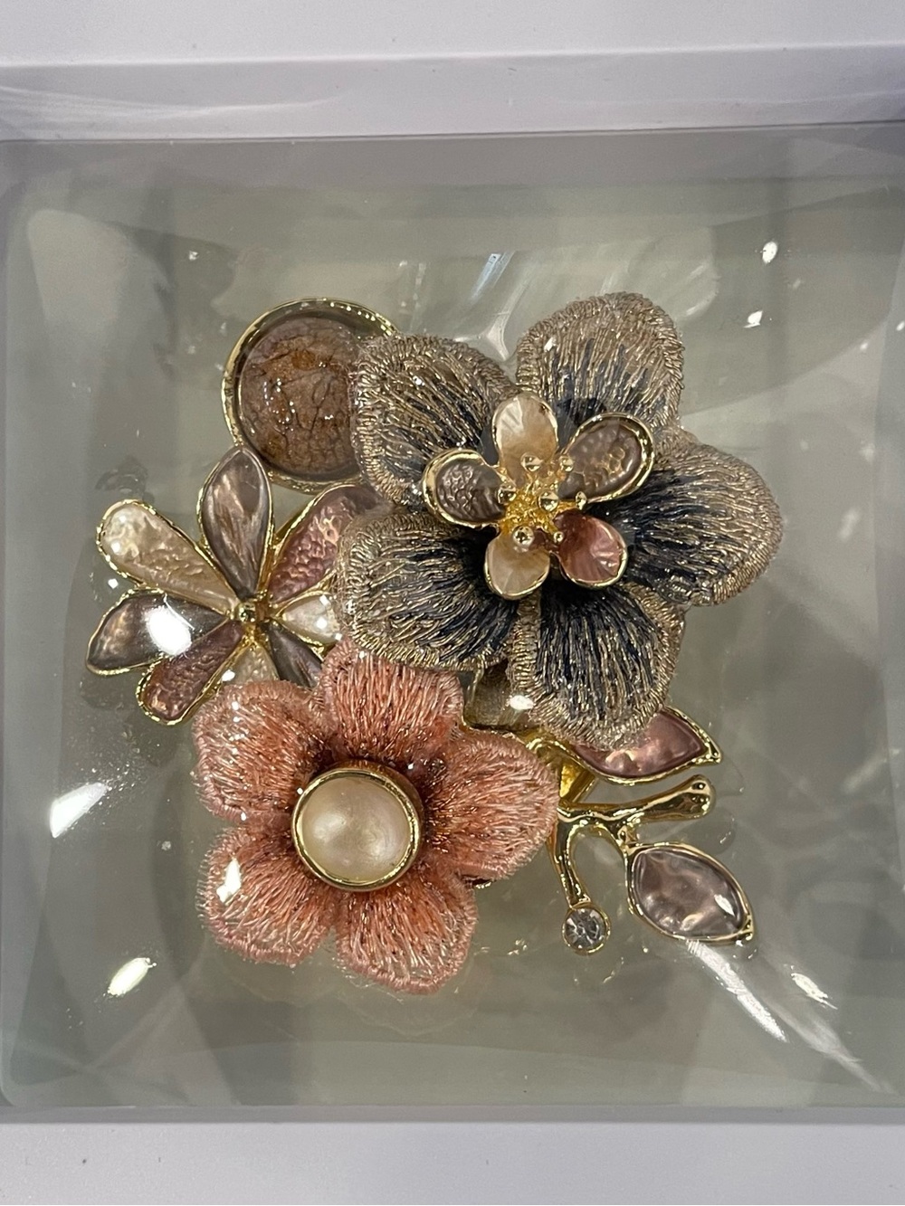 Magnetic Brooch/Pin Textured Floral Cluster in Pink and Beige with Gold Accents